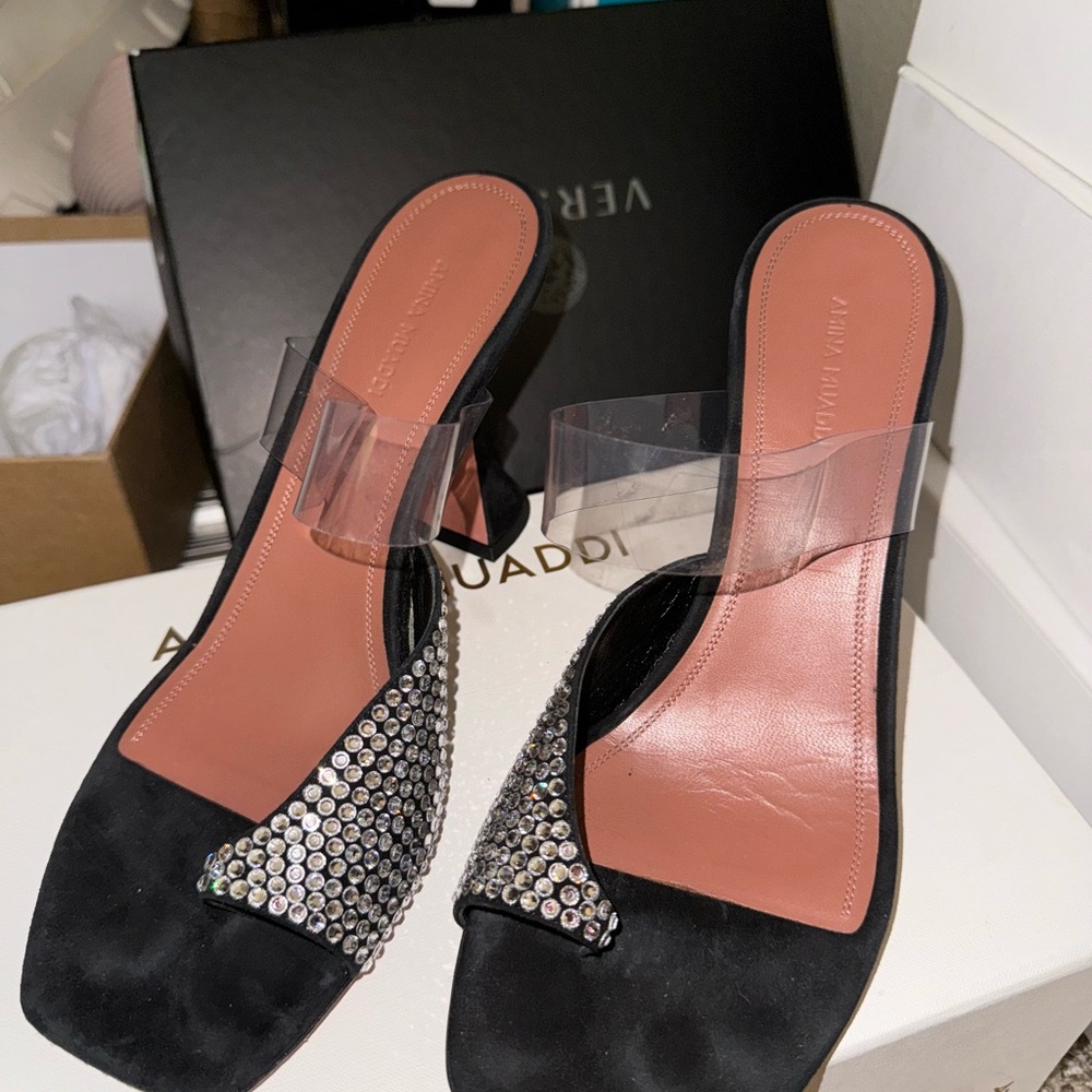 Amina Muaddi Black Crystal Embellished Women's Palomas size 41